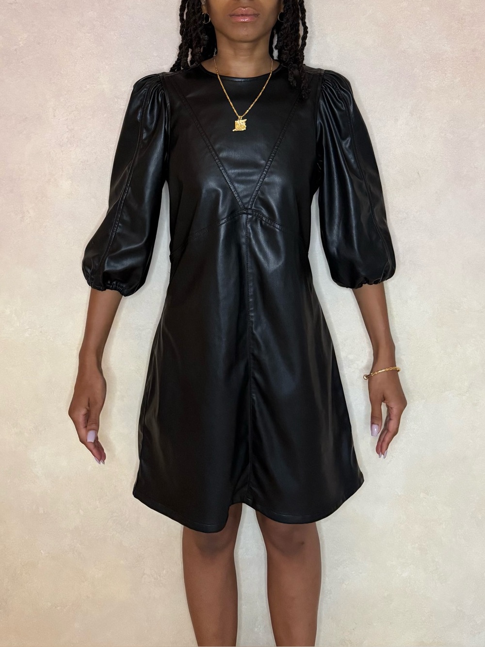 H&M Black Faux Leather Puff-Sleeve Dress